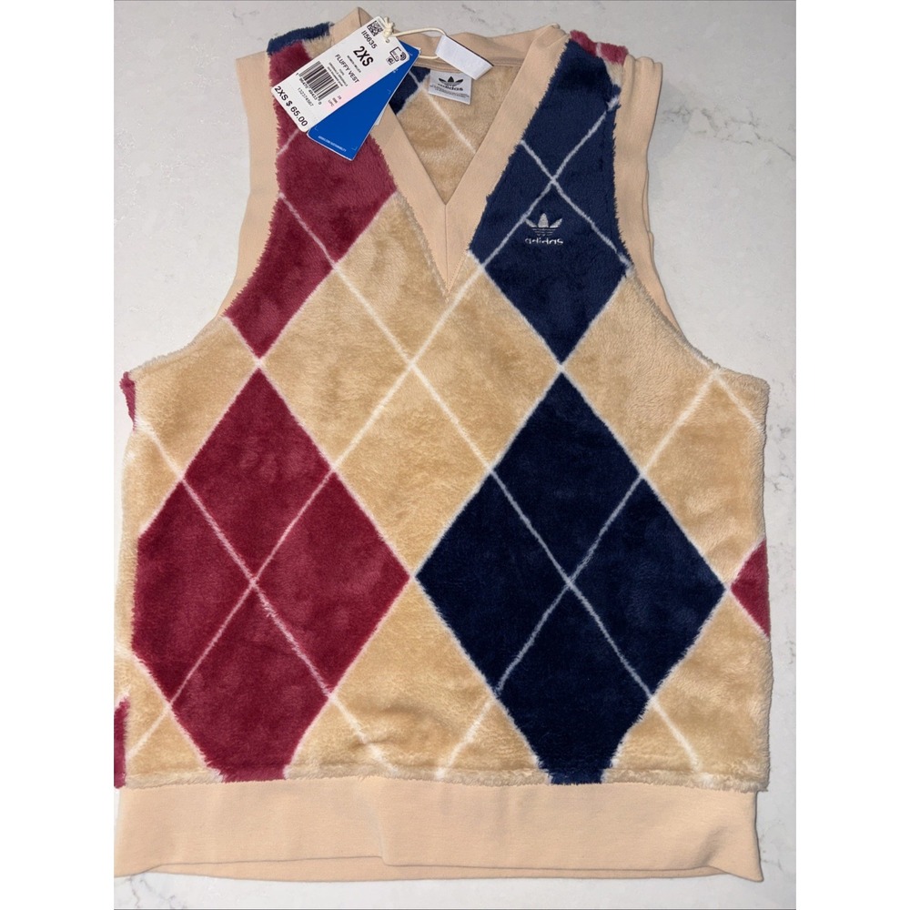 Adidas Originals Argyle Checkered Fluffy Vest Womens 2XS II5635 V-neck Preppy